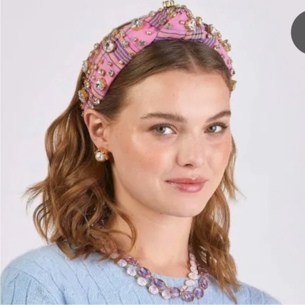 Lele Sadoughi Heart Mixed Crystal Knotted Headband in Pink Plaid
